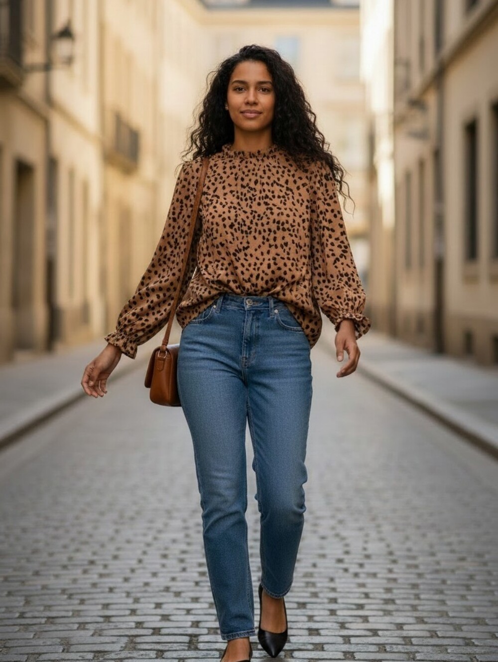 Stylish animal print blouse, size M.